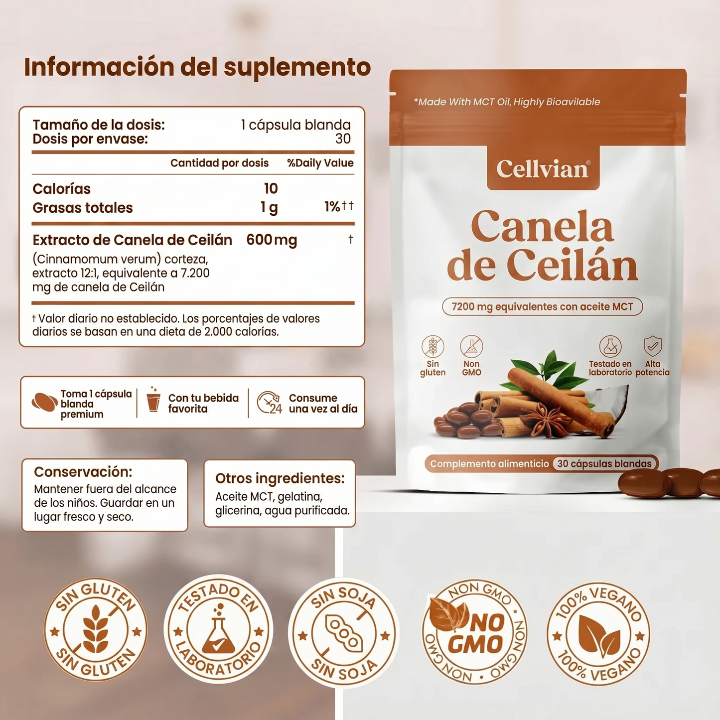 Cellvian Canela de Ceilán 7200 mg — Extracto 12:1 con Aceite MCT