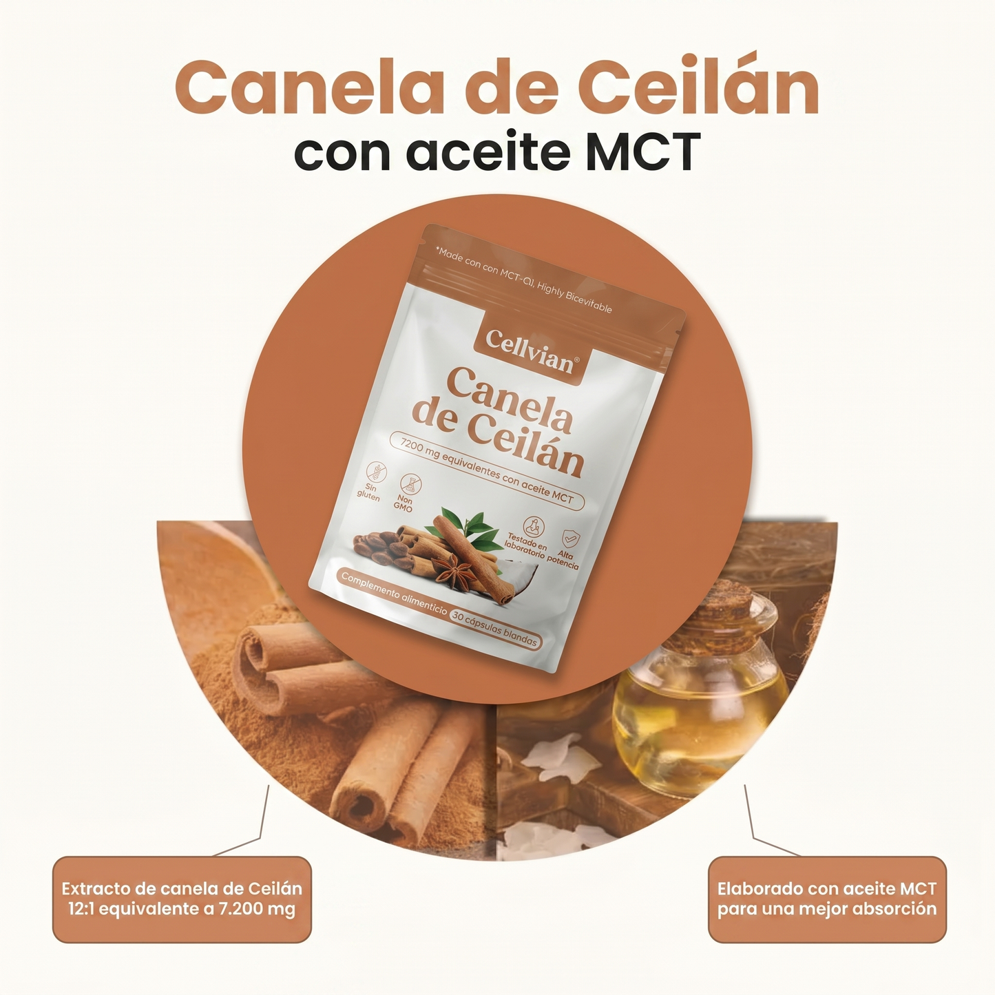 Cellvian Canela de Ceilán 7200 mg — Extracto 12:1 con Aceite MCT